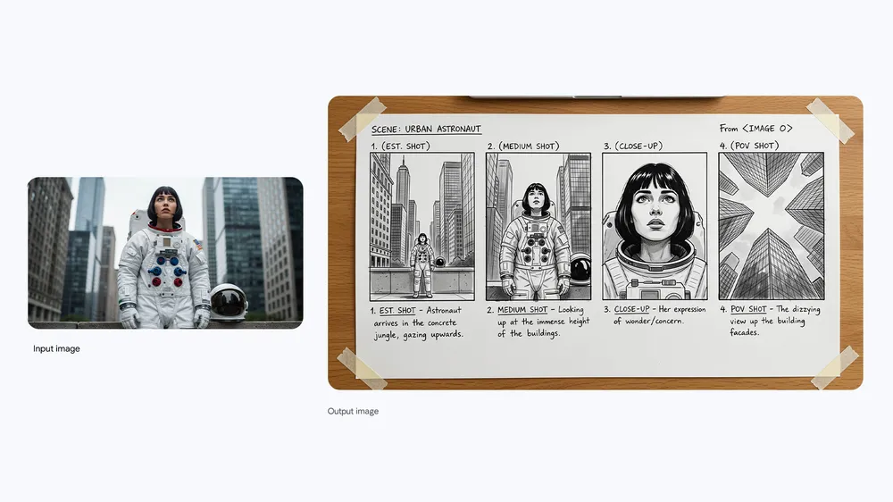 Official Nano Banana image to image example turning an astronaut photo into a storyboard
