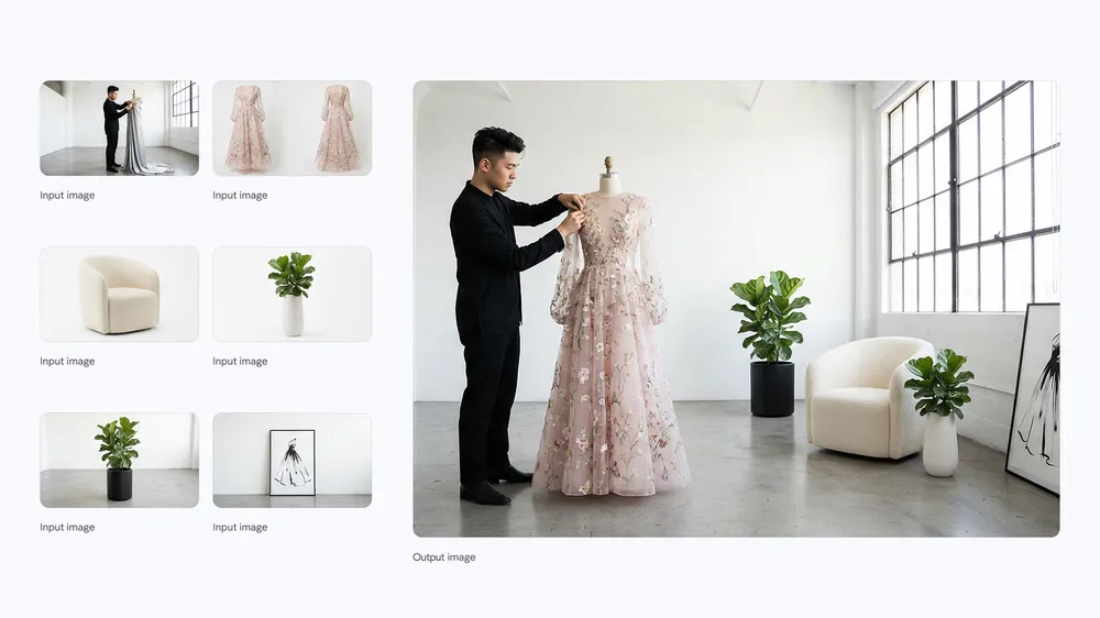Official Nano Banana image to image example combining fashion and interior references