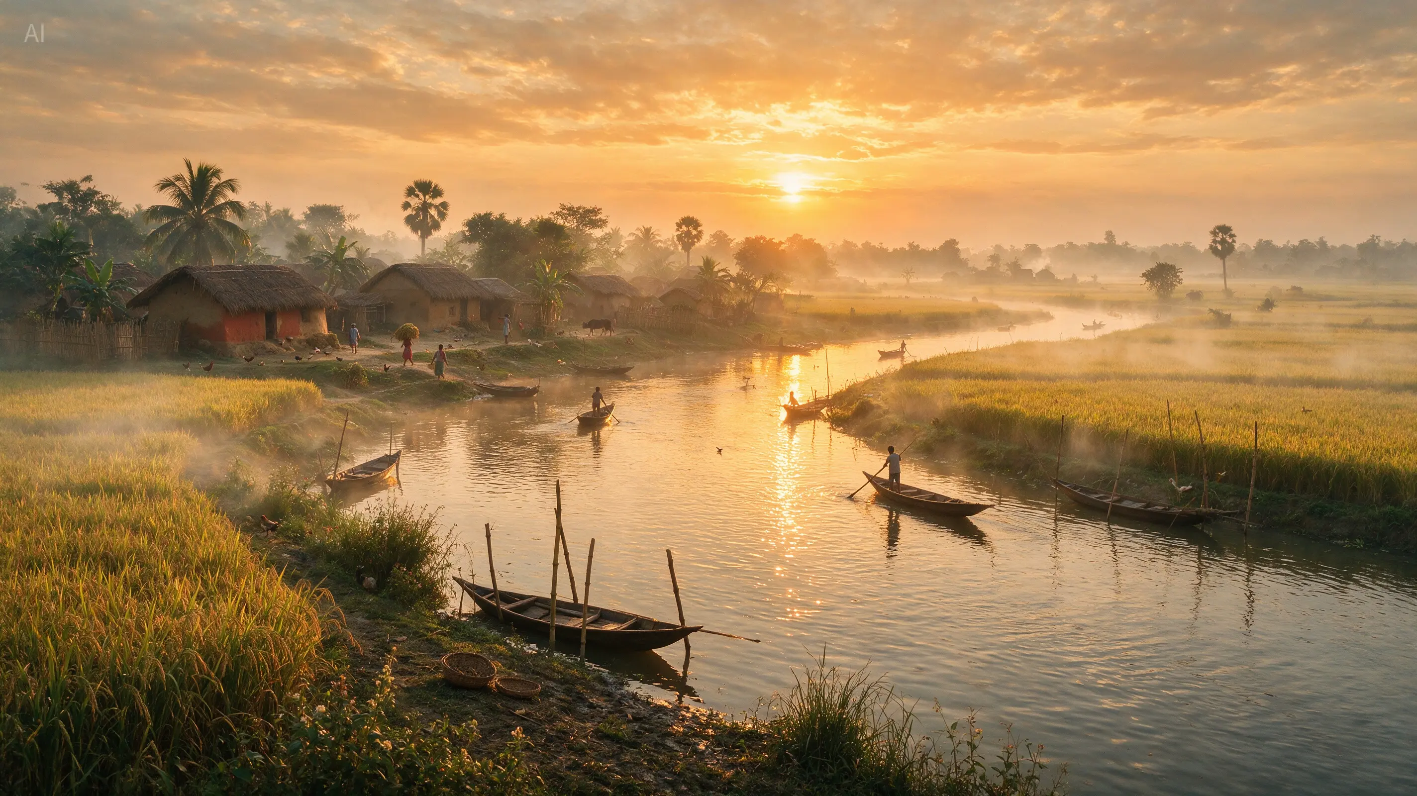 Official Seedream text to image example of a river village at golden hour