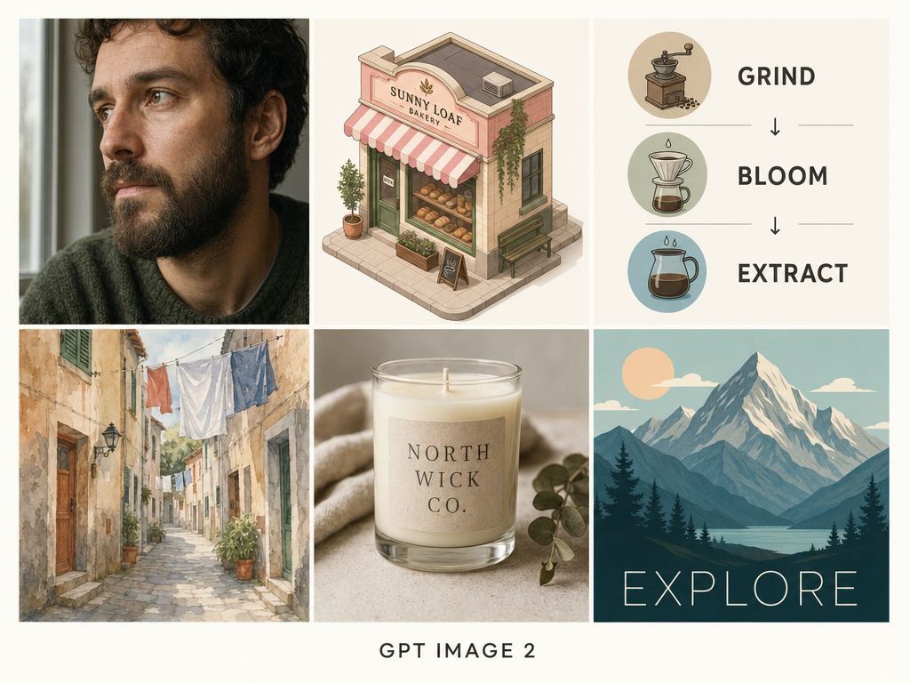 GPT Image 2 six-cell showcase with a portrait, bakery, coffee diagram, watercolor street, candle and travel poster