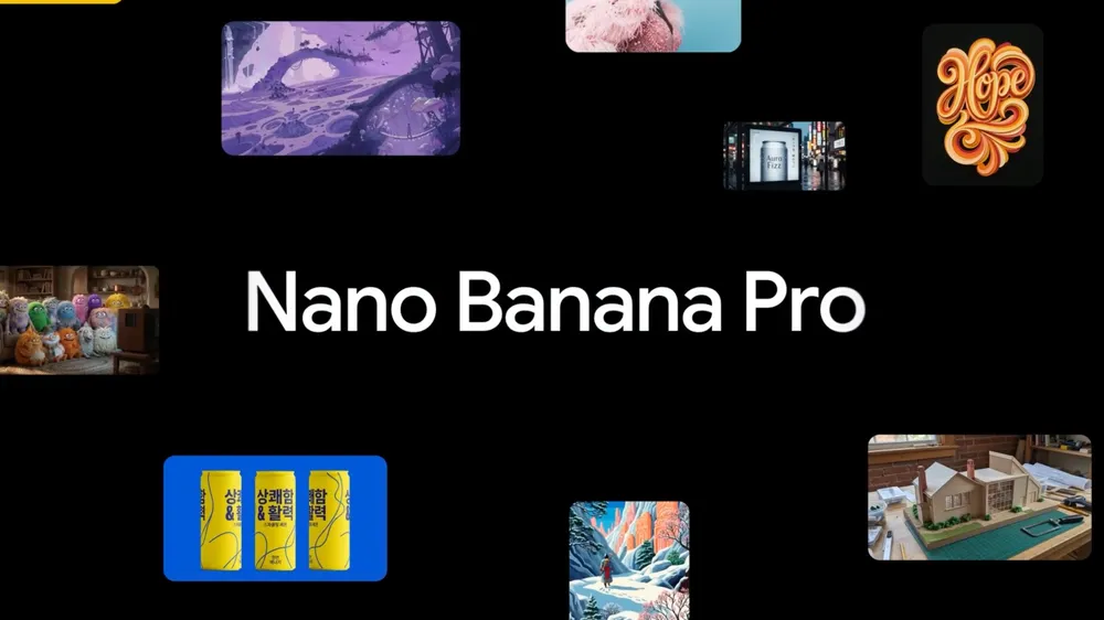 Official Google Nano Banana Pro launch collage with typography, characters, packaging and architectural concepts
