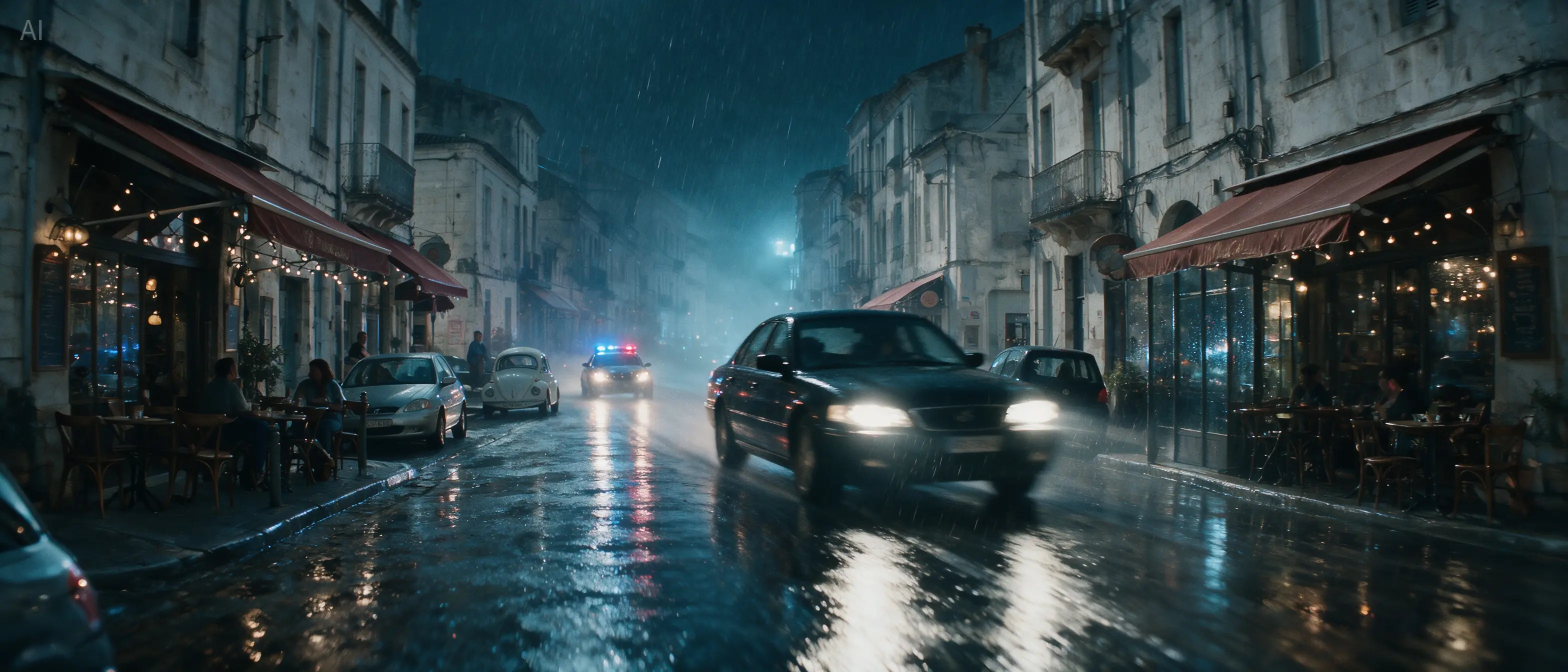 Official Seedream 5.0 Pro result showing the street transformed into a rainy-night car chase