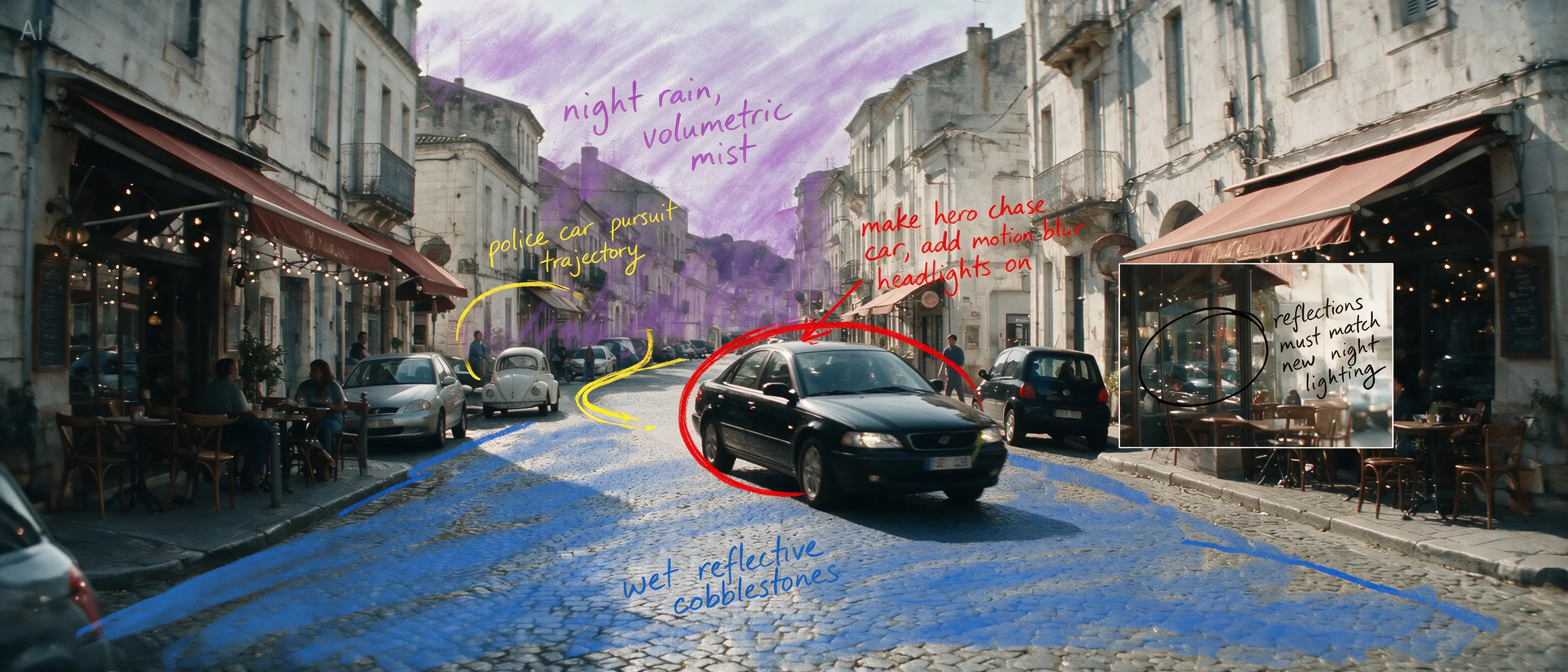 Official Seedream 5.0 Pro street reference with colored edit annotations